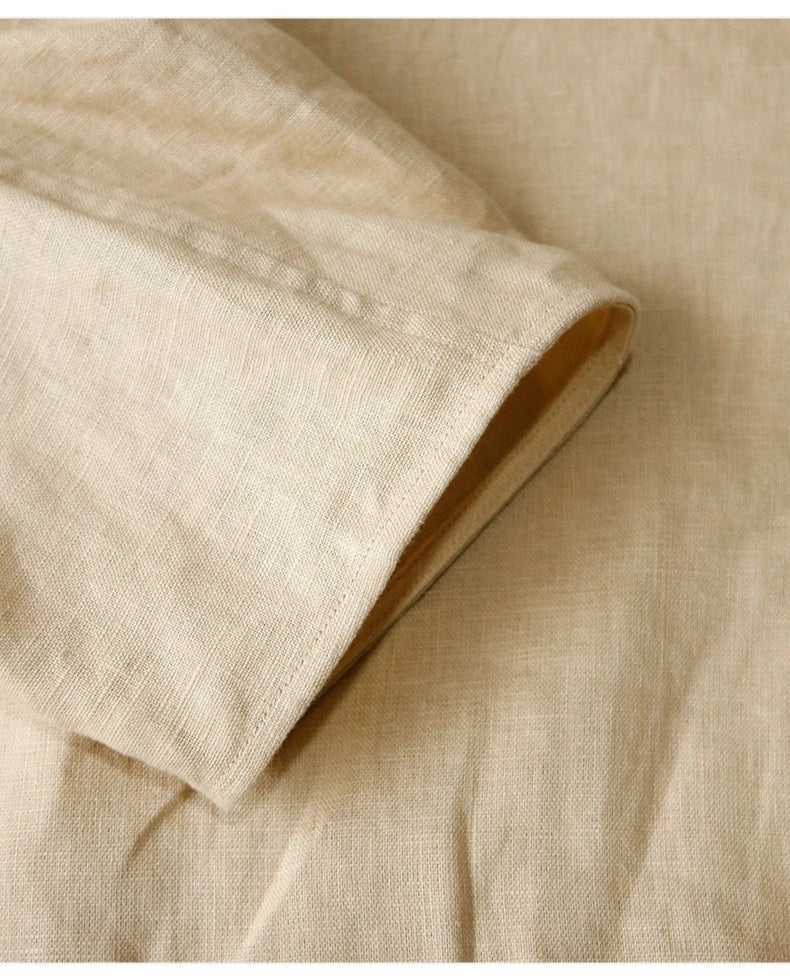 Fashionable Linen U-Neck Long-Sleeved Shirt