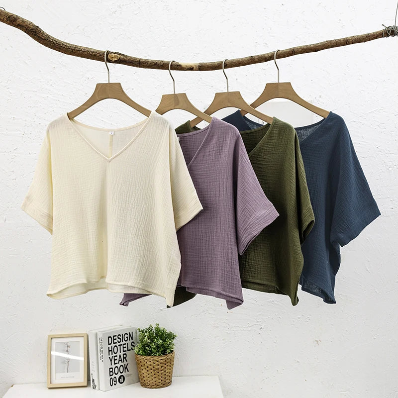 Stylish V-Neck Loose-Fitting Pure Cotton T-Shirt